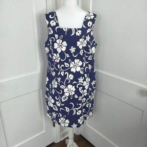 Vintage Shannon Marie Hawaiian Dress 2X Cotton Blue Hibiscus Floral Aloha Sheath